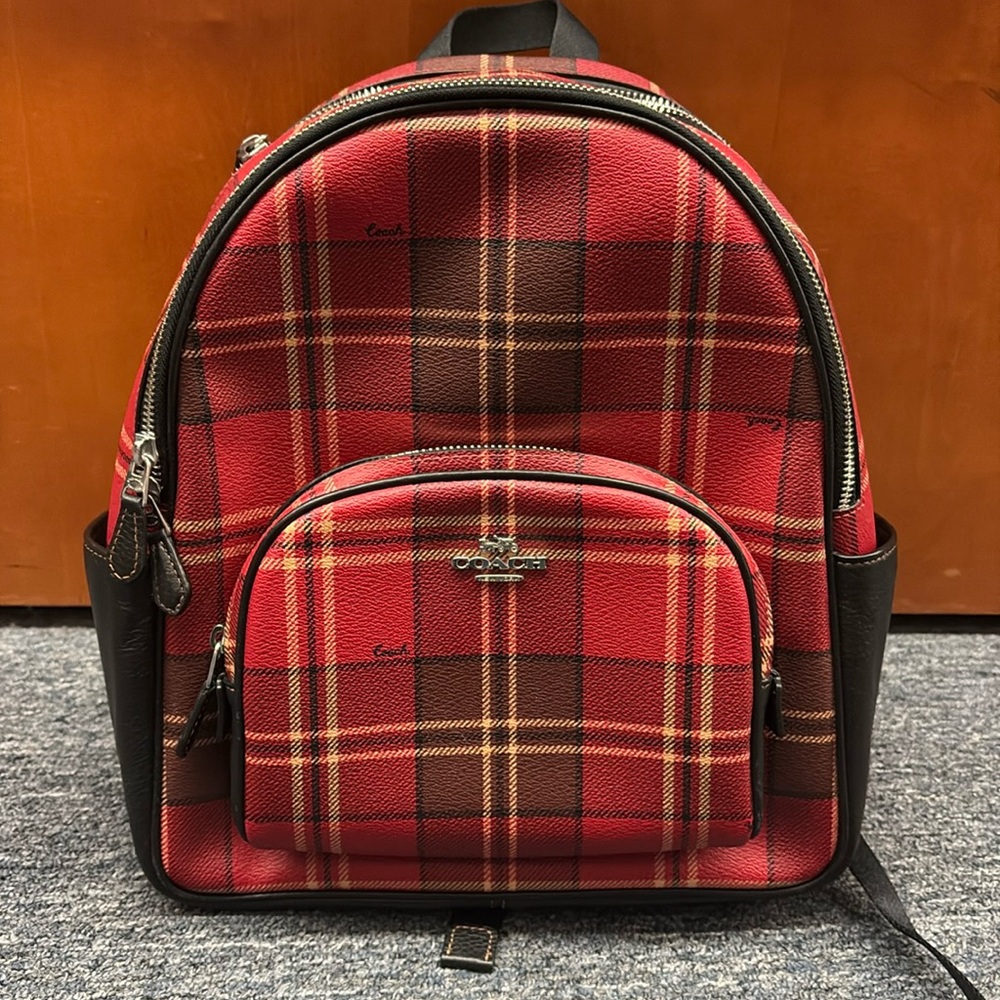 NWOT Coach CC145 Court Backpack, Tartan Plaid Print, Red/Black Multi